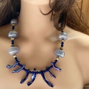 Purple Blue Iridescent Gold Tone Closure Costume Necklace Fashion Jewelry